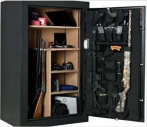 Amsec TF Series TF6036 R.J. Lock a green open gun safe with guns and supplies inside